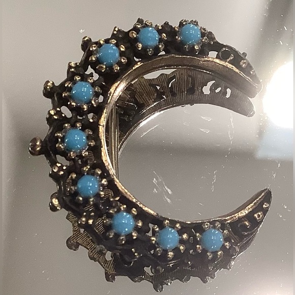 Crescent Shaped Filigree Brooch with Blue Beads - Picture 6 of 6